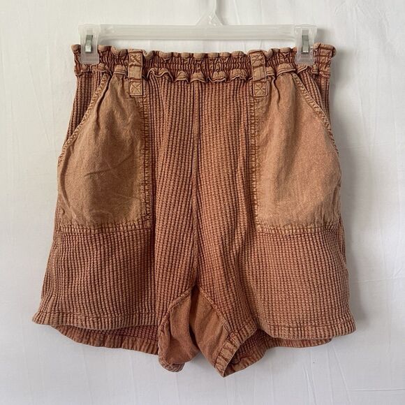 Free People rust waffle shorts paperbag waist contrast Thermal Knit pockets SZ S - Picture 1 of 7
